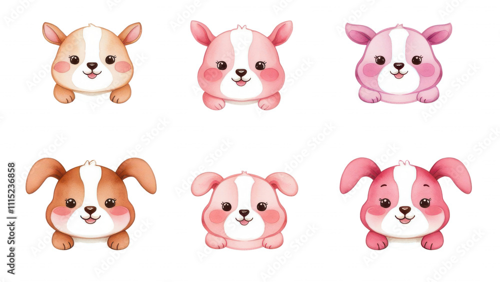 Obraz premium Cute cartoon bunnies in various colors on a black background.