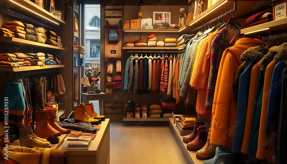 A cozy retail space showcasing colorful clothing and accessories. A cozy retail space showcasing colorful clothing and accessories.