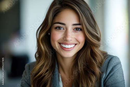 Wallpaper Mural Professional headshot young woman warm smile long wavy brown hair grey blazer office background soft lighting blurred background Torontodigital.ca