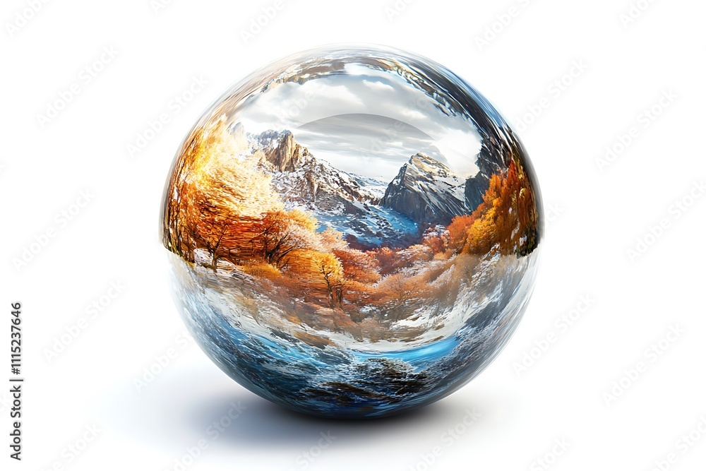 A glass transparent ball with mountains inside it.
A glass transparent ball with mountains inside it.