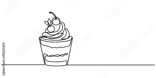 Abstract sweet yogurt parfait dessert in glass cherry, blueberry fruit, whipped cream layers, continuous one line drawing, Dessert with cherry, cottage cheese and bran. healthy food, pro vector.