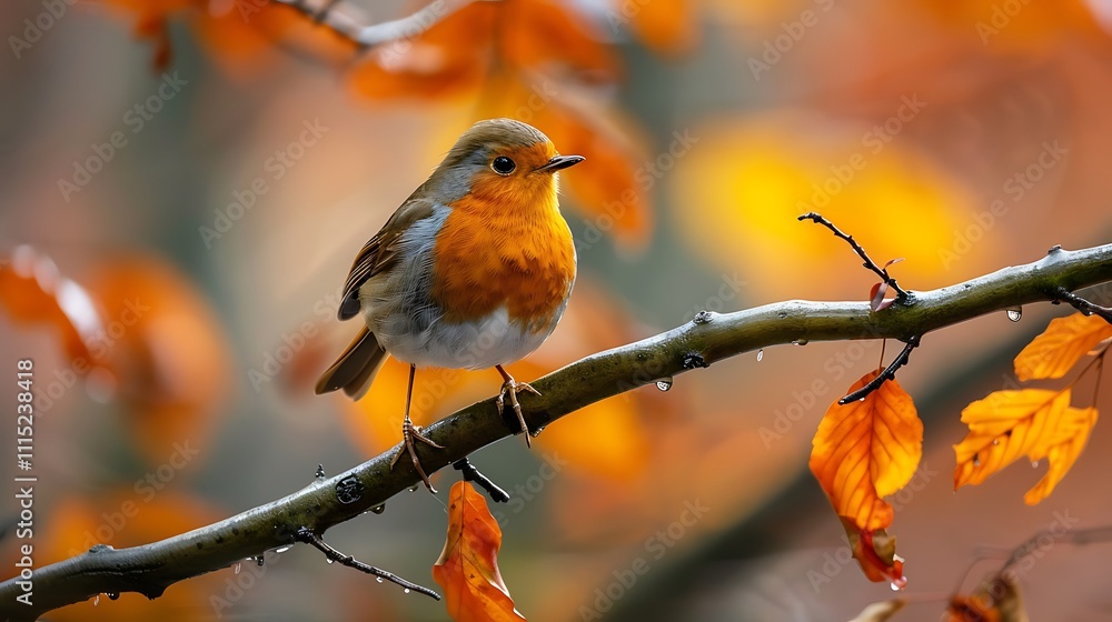 Obraz premium Aegolius funereus perched on a beech branch surrounded by wet orange leaves in an autumn forest