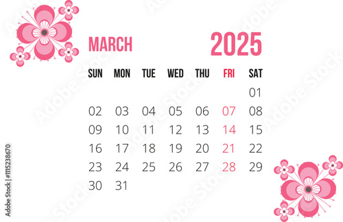 new year calendar 2025 single  march 