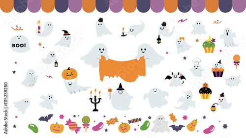 Halloween Ghost and Halloween Items Illustration Set