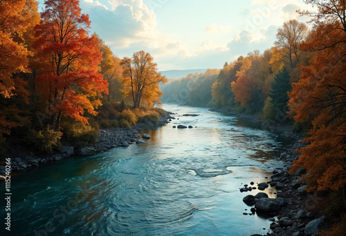 River landscape and green forest with trees blue water clouds on sky 