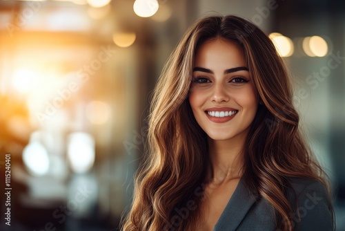 Wallpaper Mural Professional woman confident smile long wavy brown hair grey business suit blurred office background Torontodigital.ca