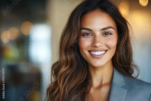 Wallpaper Mural Professional woman confident smile long wavy brown hair grey business suit blurred office background Torontodigital.ca