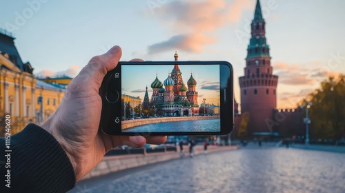 Traveler capturing the colorful domes of St Basil s Cathedral in Moscow with their phone photo