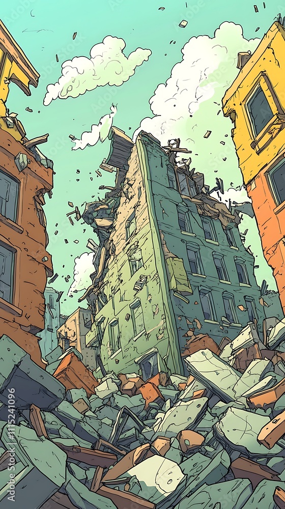 Obraz premium A depiction of a damaged urban landscape with crumbling buildings and debris.