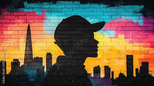 Vibrant street art with a traveler s shadow cast against it, landmark subtly integrated photo