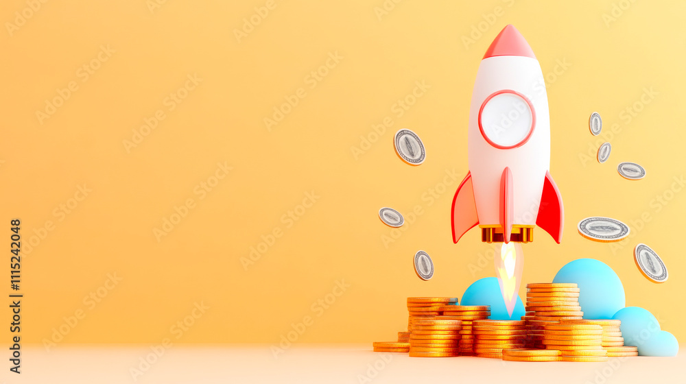 Rocket to Success: A 3D illustration of a rocket soaring into the sky, propelled by a stack of gold coins. The vibrant orange background and playful design symbolize financial growth. Rocket to Success: A 3D illustration of a rocket soaring into the sky, propelled by a stack of gold coins. The vibrant orange background and playful design symbolize financial growth.