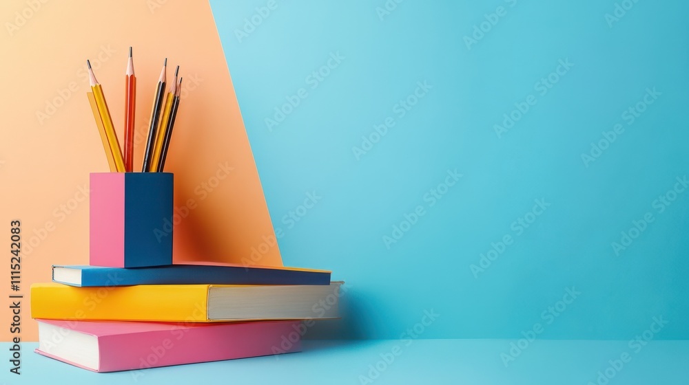 Fototapeta premium Vibrant School and Office Supplies Against Turquoise Background
