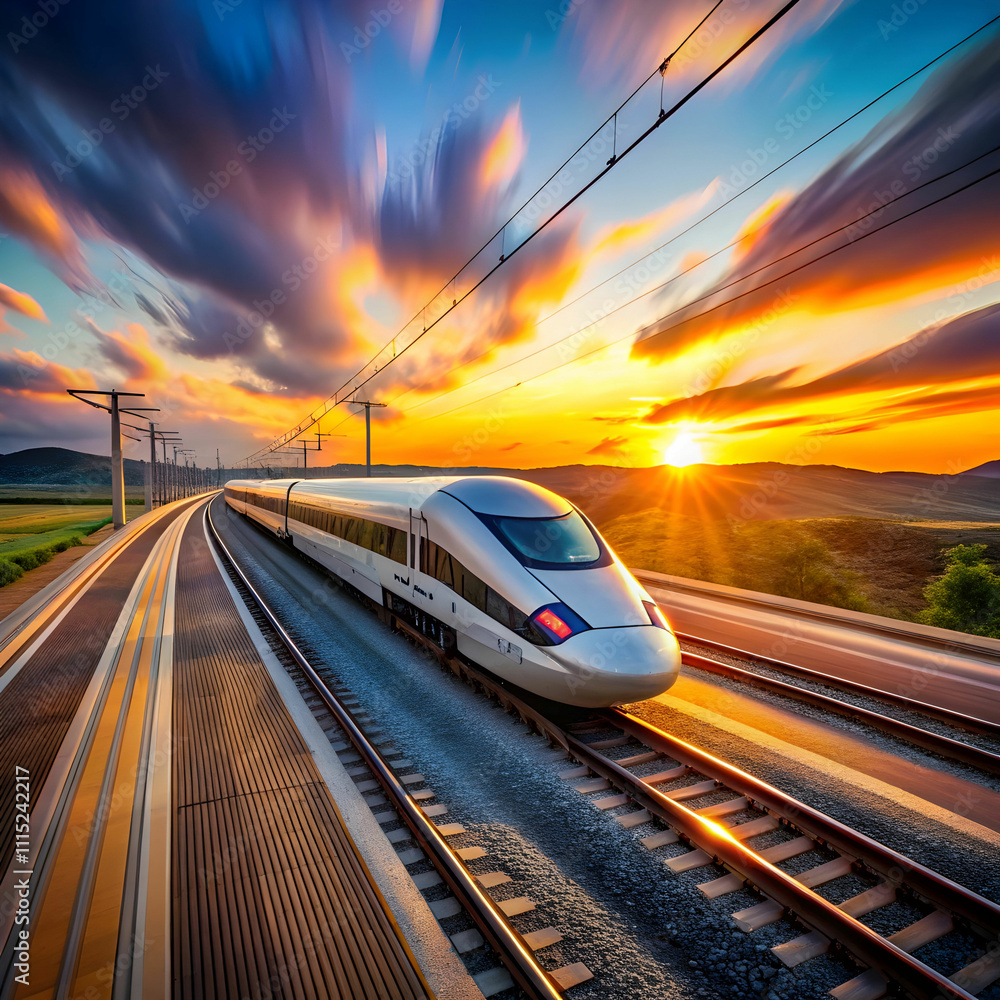 Fototapeta premium a highspeed train blurring past on tracks at sunset