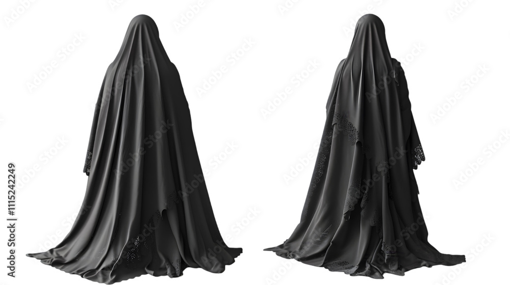 Naklejka premium Blank black female khimar mockup, front and back view isolated on a transparent background
