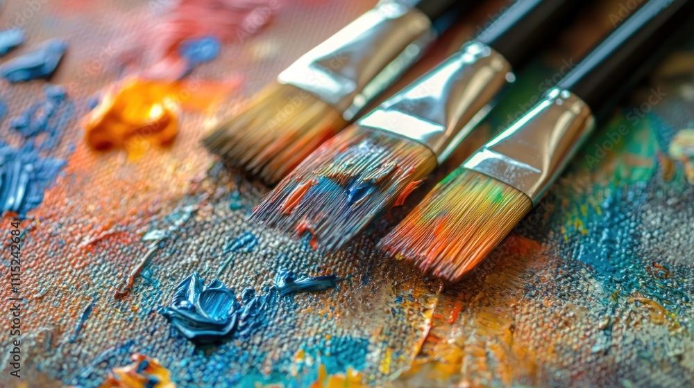 Fototapeta premium Close-up of colorful paintbrush strokes on a textured canvas
