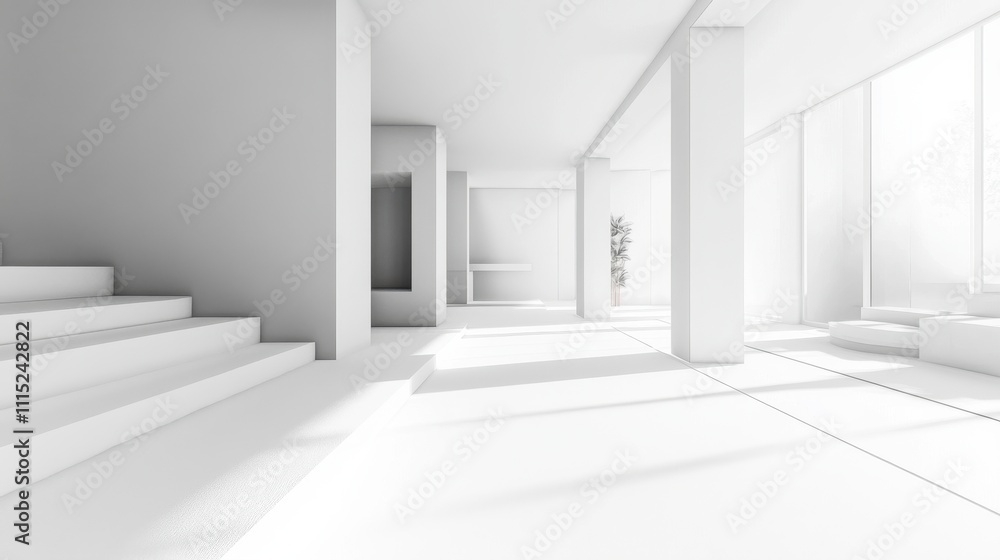 Fototapeta premium Modern Minimalist White Architecture Interior Design: Spacious Open Plan with Sunlight Streaming Through Large Windows