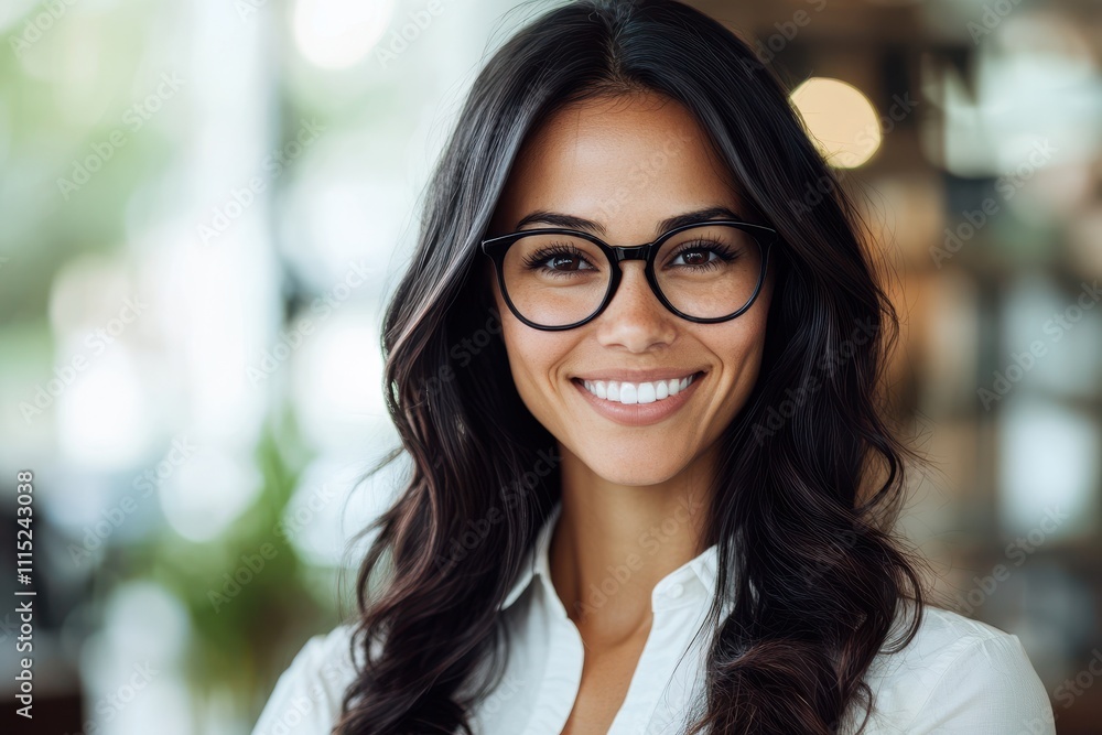 Professional woman warm smile long dark wavy hair black-framed glasses white button-up shirt Professional woman warm smile long dark wavy hair black-framed glasses white button-up shirt