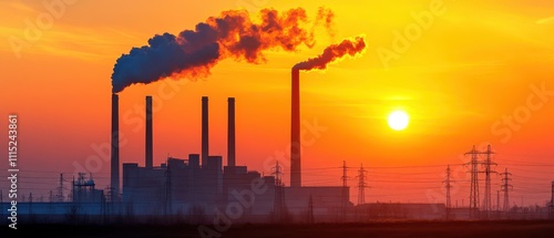 Smoky Industrial Sunset Over Power Plant Chimneys