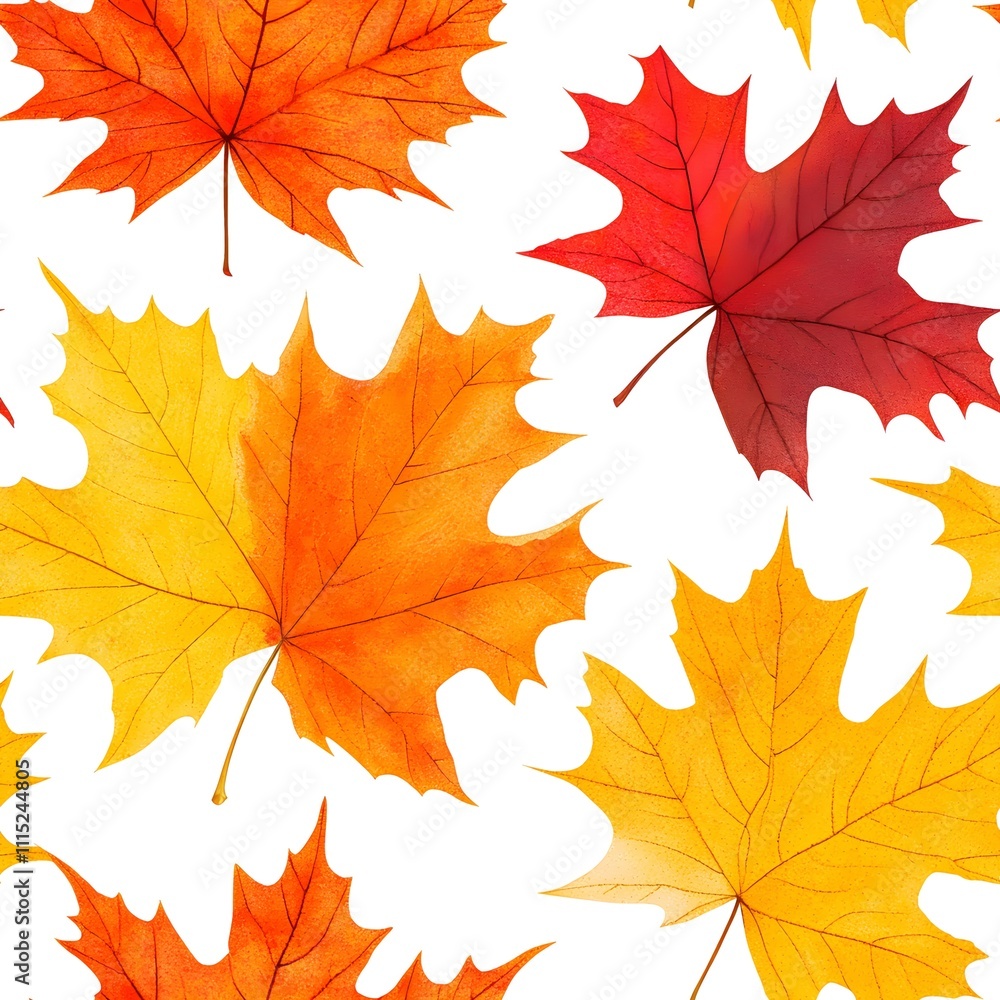 Obraz premium Autumn Seamless Pattern of Vibrant Red, Orange, and Yellow Maple Leaves on a Crisp White Background, Perfect for Seasonal Wallpaper, Fabric, or Fall-Themed Décor and Crafts