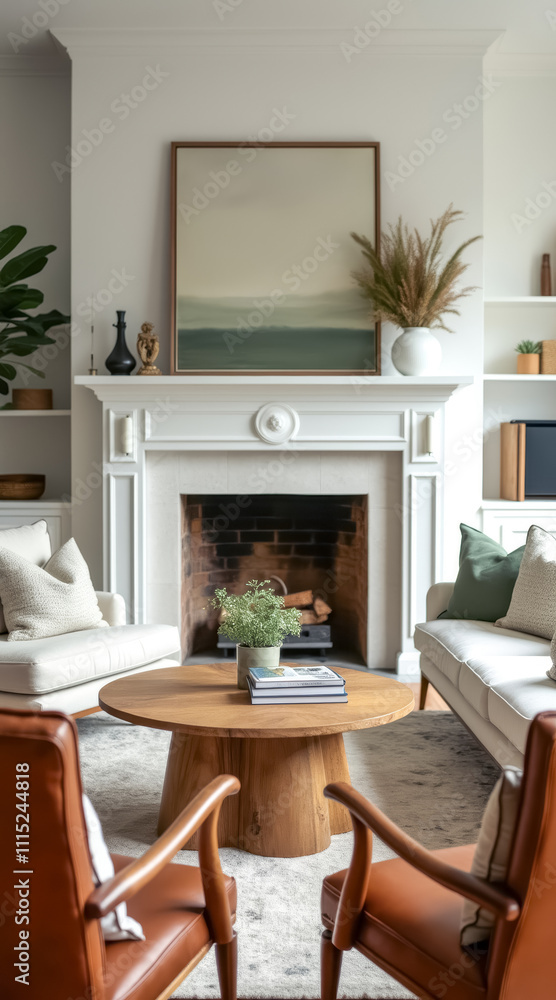 Fototapeta premium serene living room with white fireplace burnt armchairs