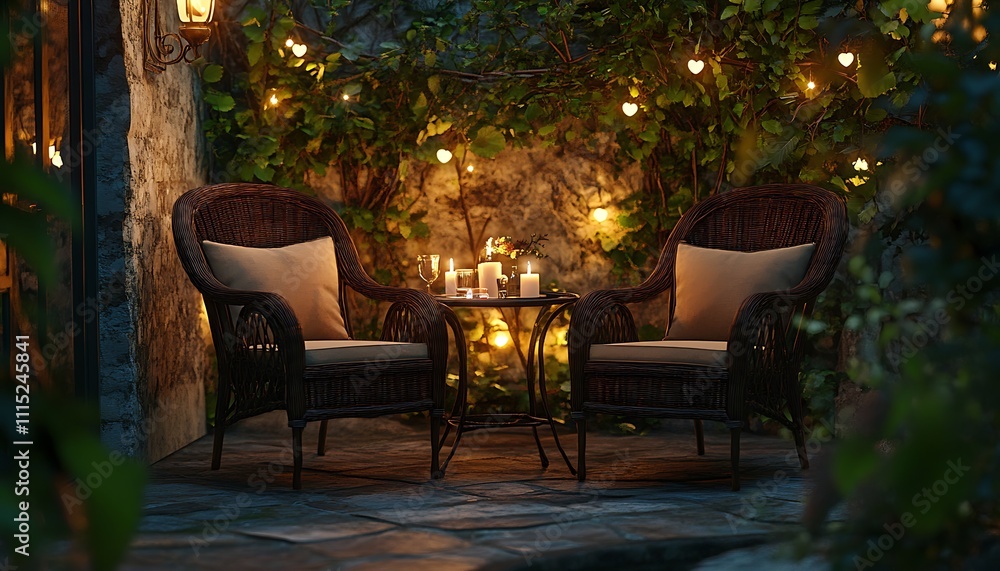 Cozy outdoor seating area with candles and fairy lights, perfect for relaxation. Cozy outdoor seating area with candles and fairy lights, perfect for relaxation.