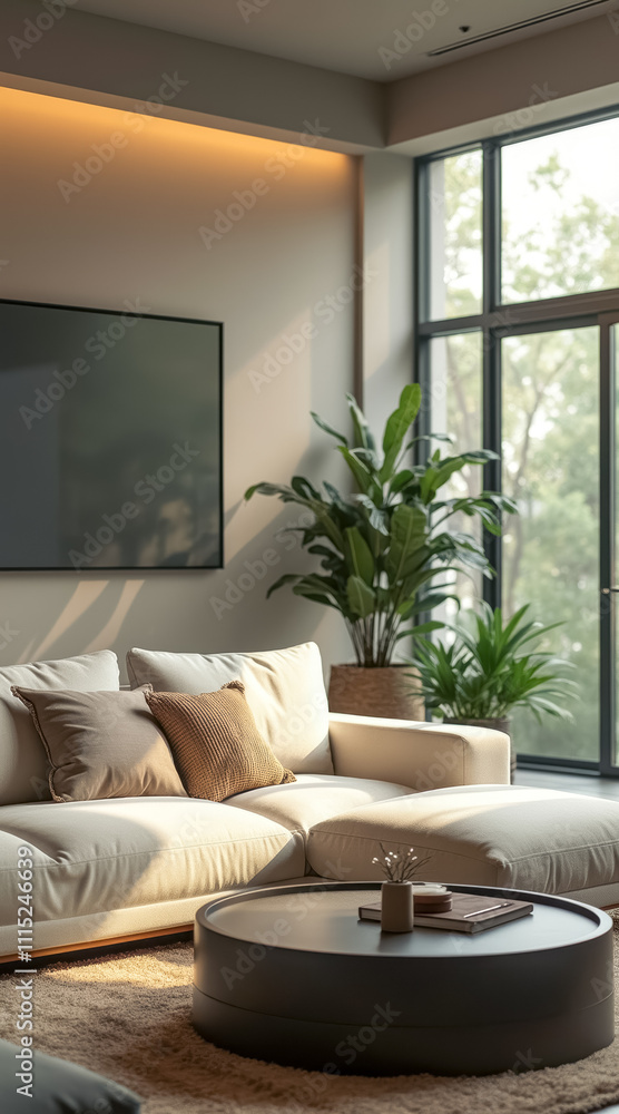 Fototapeta premium sunlit modern living room with cream sectional sofa