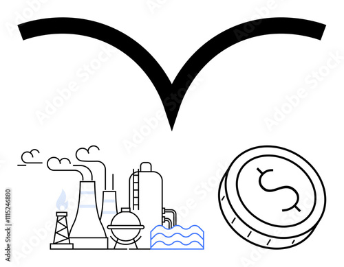 Industrial plant producing energy with smoke clouds and water waves, dollar coin symbolizing finance and investment growth under an upward arched arrow. Ideal for business growth, finance