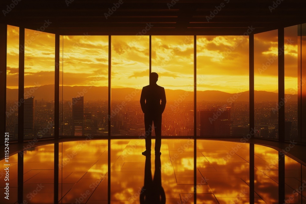A silhouette of a man standing confidently in a formal suit viewed from behind, as he gazes out through large glass windows A silhouette of a man standing confidently in a formal suit viewed from behind, as he gazes out through large glass windows