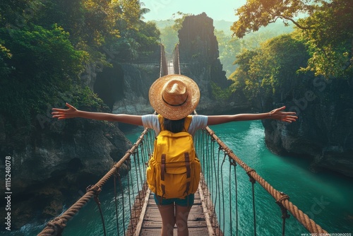 Adventurous traveler suspension bridge turquoise water lush green cliffs straw hat yellow backpack arms outstretched photo