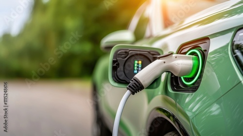 A detailed shot of a green electric car plugged into a charging station with a glowing green light indicator, surrounded by a blurred natural environment