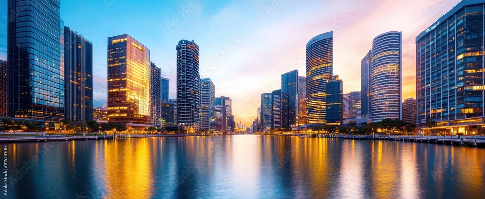 Obraz premium A panoramic view of a vibrant city at sunset, showcasing illuminated skyscrapers reflecting in tranquil waterfront waters, creating a mesmerizing urban glow