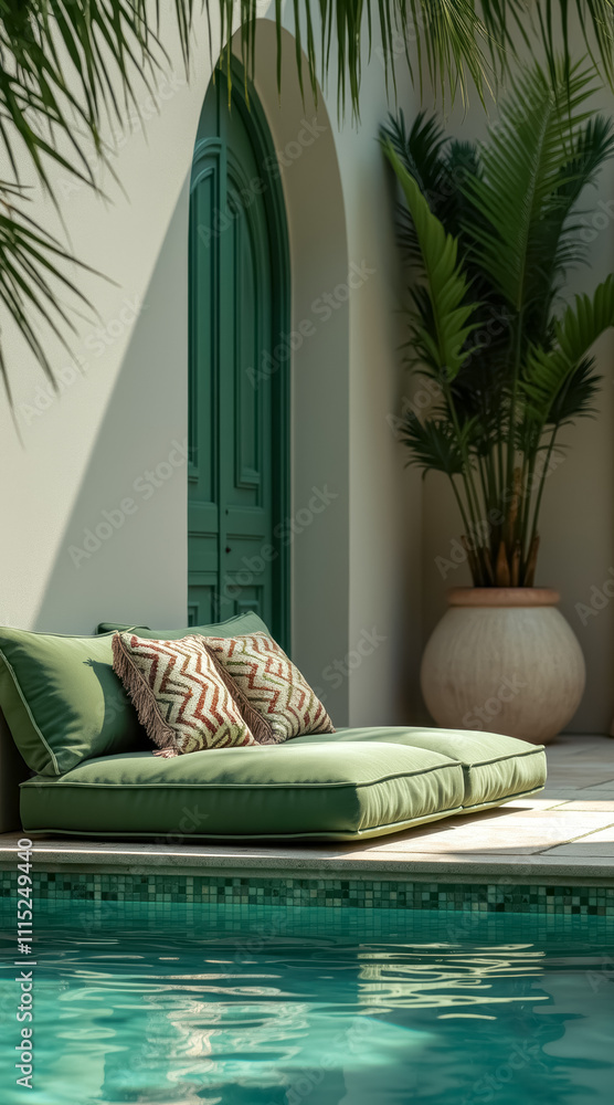 Obraz premium green chaise lounge by a turquoise pool