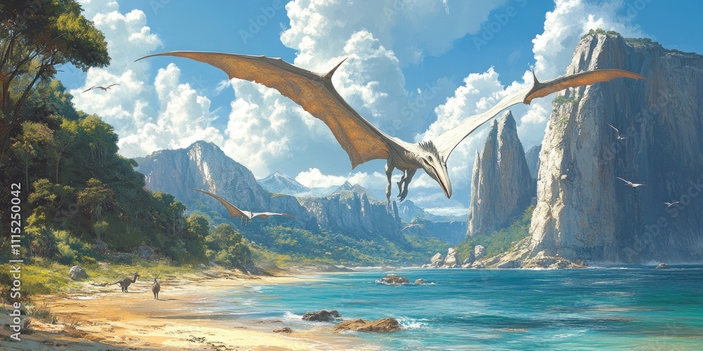 Fototapeta premium Majestic Pterosaur Soaring Over Coastal Mountains