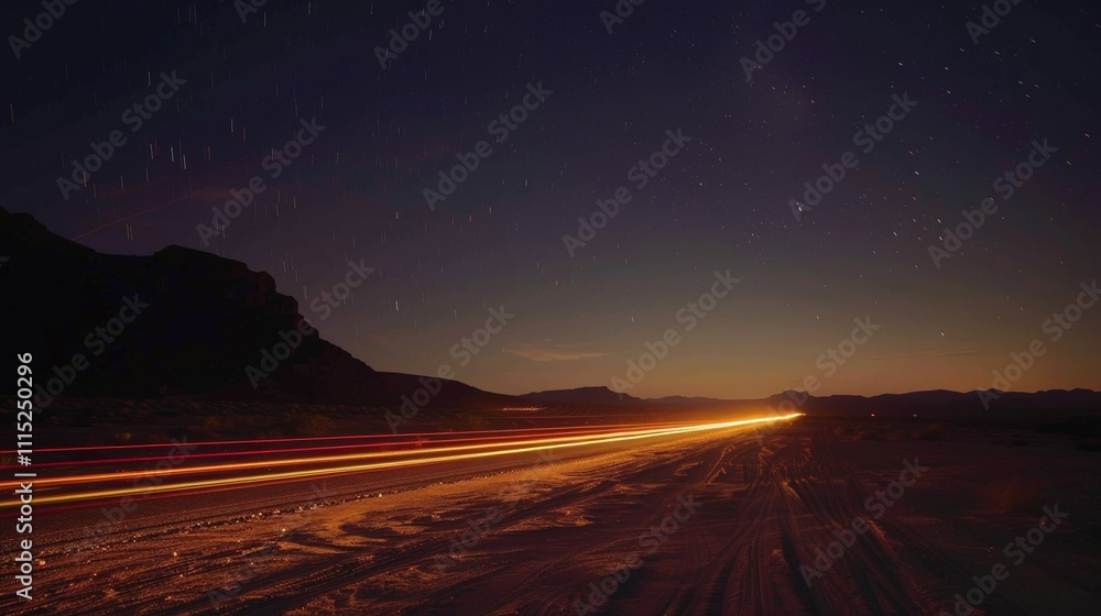 As the night falls over the desolate desert the luminous car light trails bring a sense of energy and life to the scene. As the night falls over the desolate desert the luminous car light trails bring a sense of energy and life to the scene.