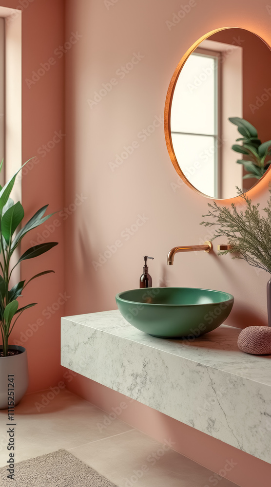 Fototapeta premium modern green vessel sink a peach-colored bathroom