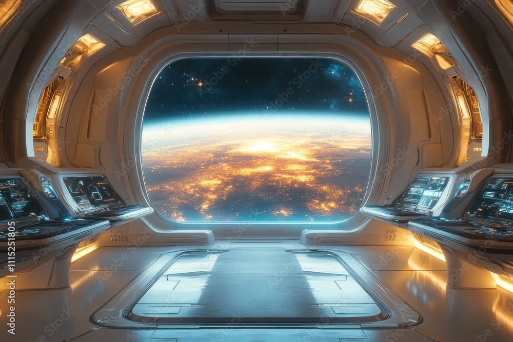 Fototapeta premium Spaceship Interior View Earth Night Lights