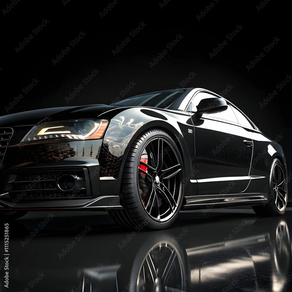 Naklejka premium shiny black car polished with dark isolated background