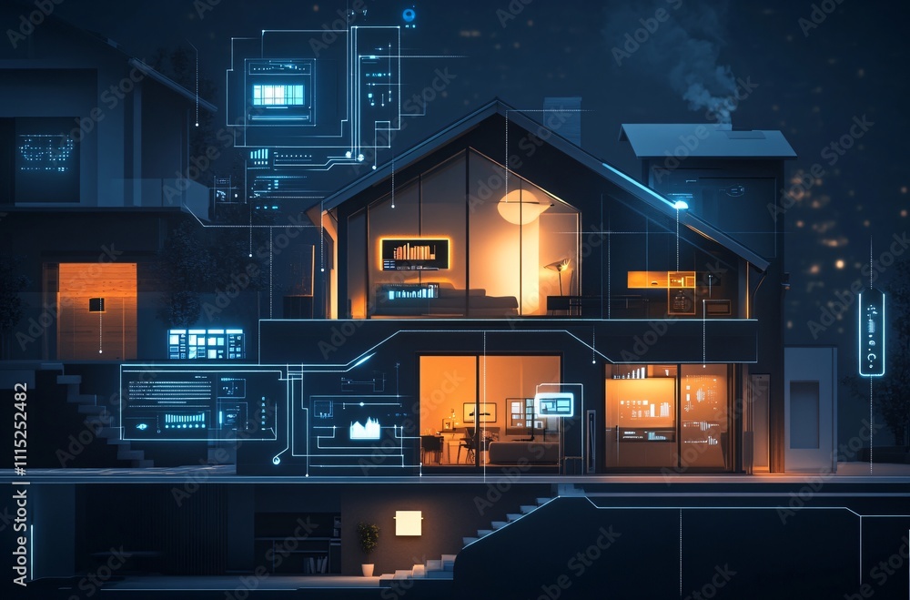 Obraz premium Smart home with advanced technology, showcasing the future of living in a connected smart villa, integrated with IoT, innovative solutions, and modern internet-driven features for a high-tech lifestyl
