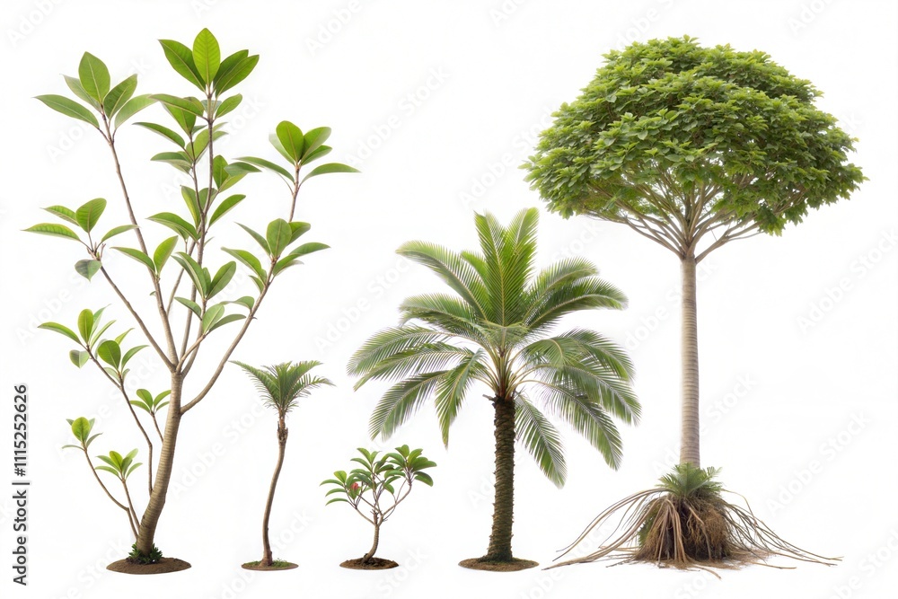 Obraz premium Collection of green leaves of tropical plants bush (Monstera, palm, rubber plant, pine, bird's nest fern, palm). PNG, cutout, or clipping path. 