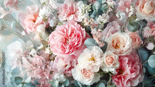 Stunning bouquet of pink and white flowers with delicate greenery, creating soft and romantic atmosphere. Perfect for weddings or special occasions