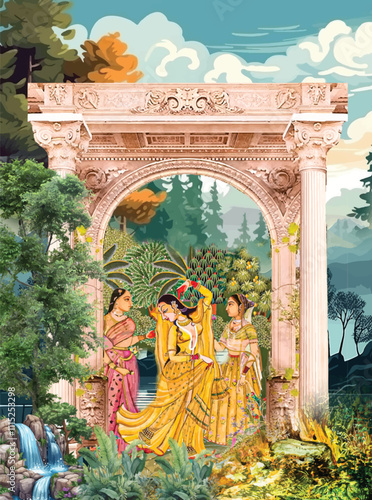 Traditional Mughal garden and seated queen frame illustration