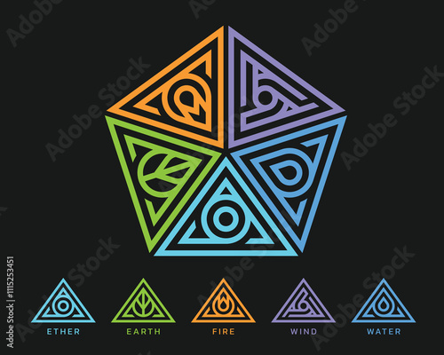 The Five elements of Ayurveda with ether water wind fire and earth with modern border triangle line symbols in pentagon chart vector design