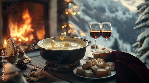 A bubbling cheese fondue pot sits on a rustic wooden table in front of a fireplace and snowy mountain view; bread pieces are arranged nearby, and two glasses of red wine are set on the table.
