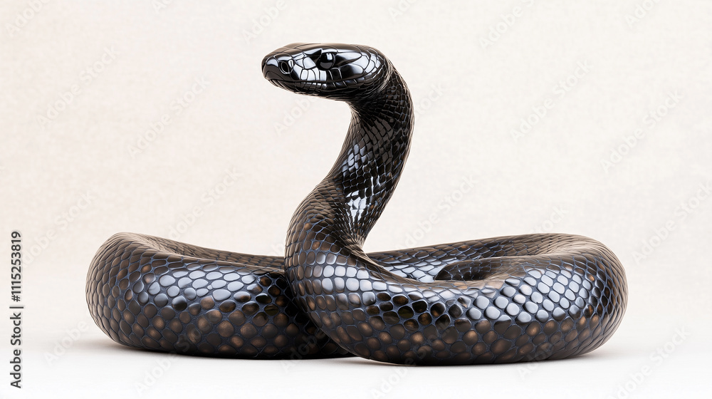 Fototapeta premium A black mamba snake is coiled with its head raised in a defensive posture, showcasing its dark, shiny scales and alert eyes.