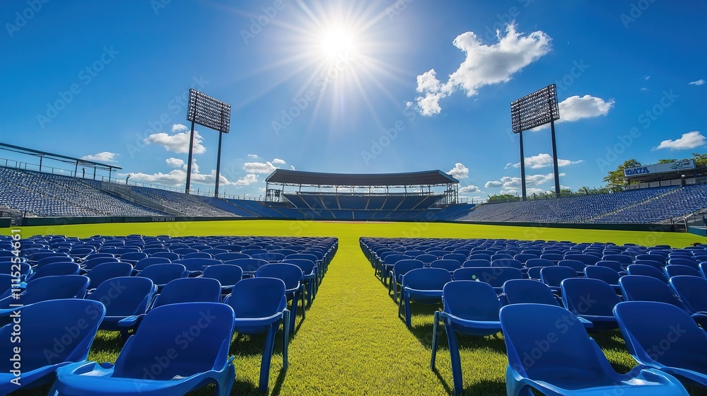 Fototapeta premium Empty stadium seats, a silent testament to the absence of fans, symbolizing the void left by the lack of human connection and shared experiences in the face of challenges.