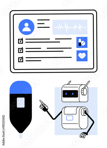 Medical data interface monitoring device robot, blue accents. Ideal for healthcare, medical technology, robotics, health monitoring, digital health, AI in healthcare, medical devices. Line metaphor