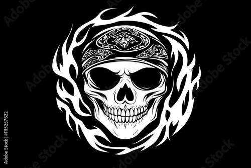 A biker skull with a bandana flames circling circular design vector black and white simple photo