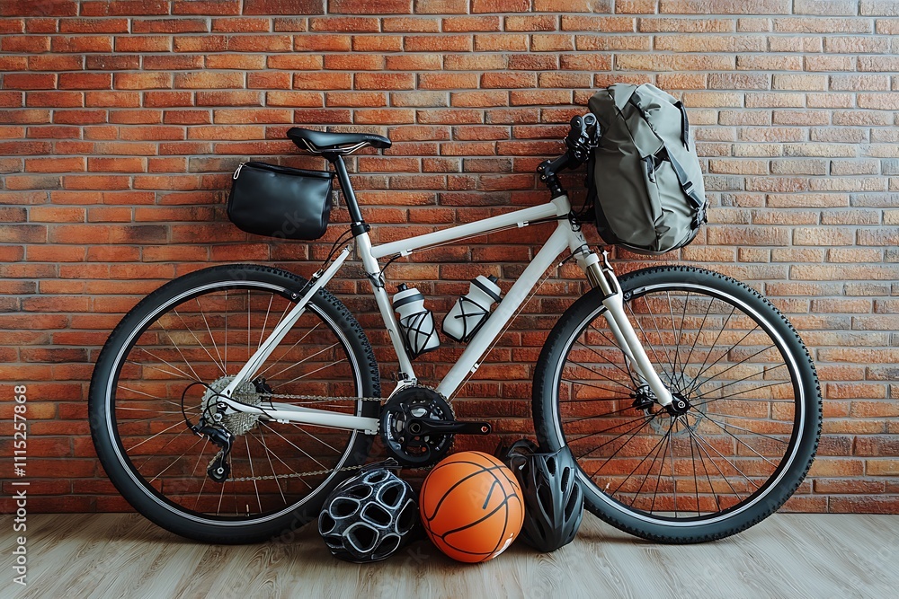 Naklejka premium Bicycle and different modern sport equipment near brick wall