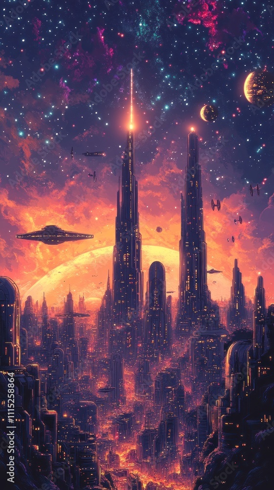 Fototapeta premium Futuristic Cityscape Underneath a Starry Night Sky