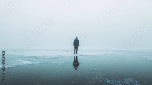 Solitary figure standing on icy water, reflected in the foggy expanse. Generative ai